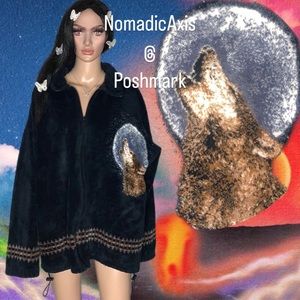 🇺🇸 USA American vintage BEAR RIDGE motif wolf moon fleece sweater XXL 2XL vtg